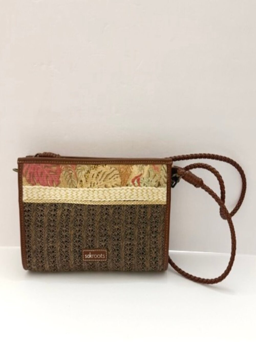 Sakroots Roma Mini Woven Straw Jute Crossbody Bag Clutch Tropical Leaf Design